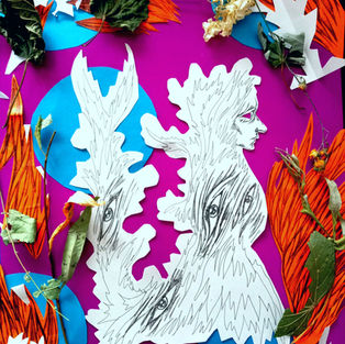 paper woman with eyes on her dress and a tail over a magenta background