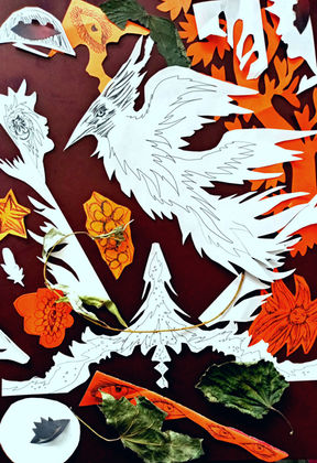 collage of a white bird over a brown background