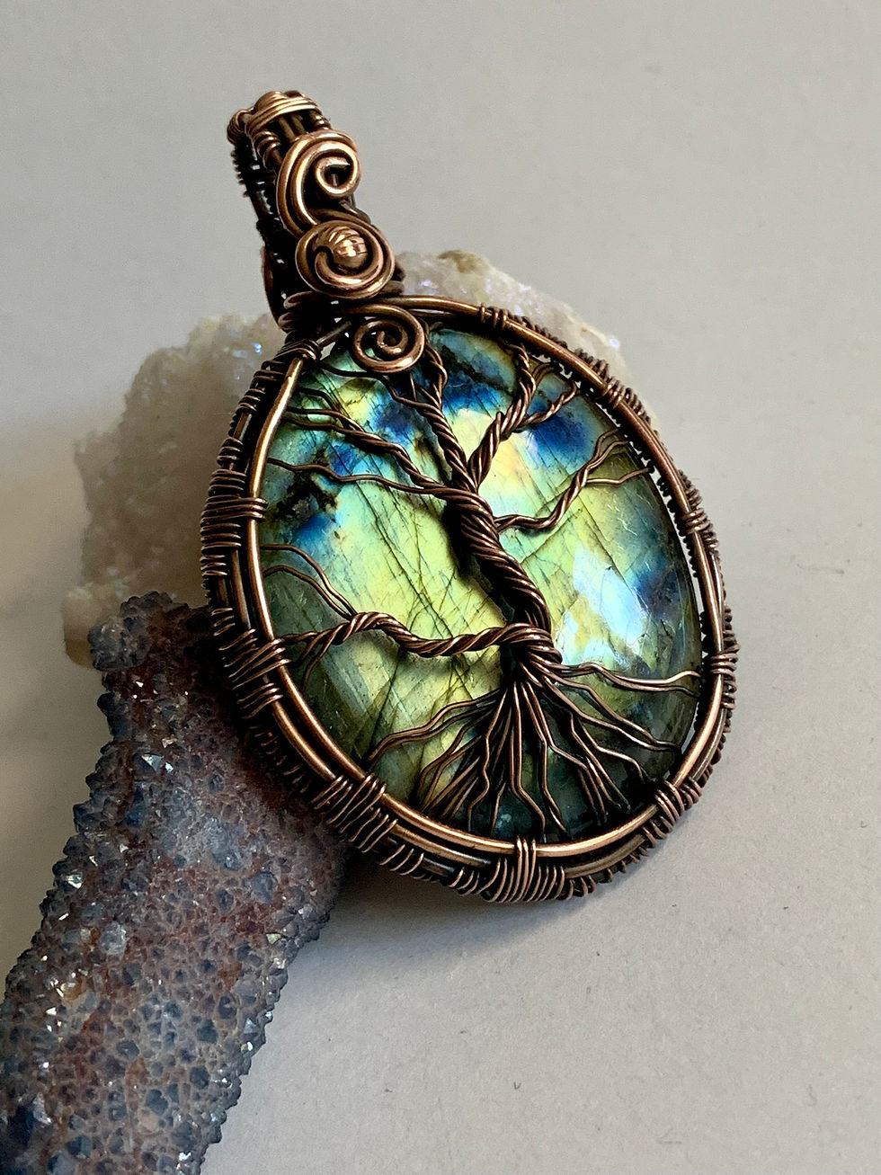 Thumbnail: Green Blue Flash Labradorite Tree Of Life Pendant