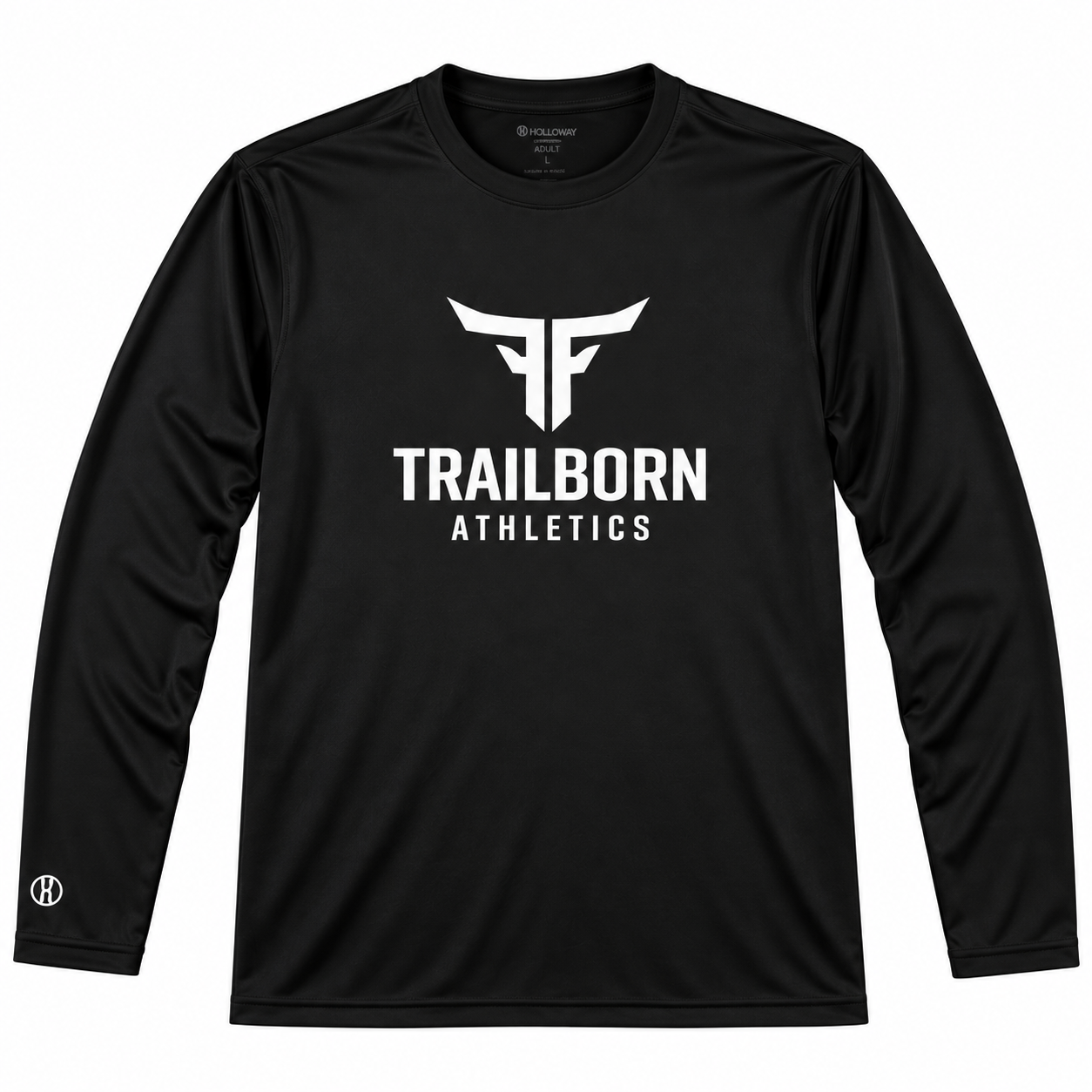 Front view of Trailborn Athletics men's black long-sleeve performance shirt with white Trailborn logo on the chest.
