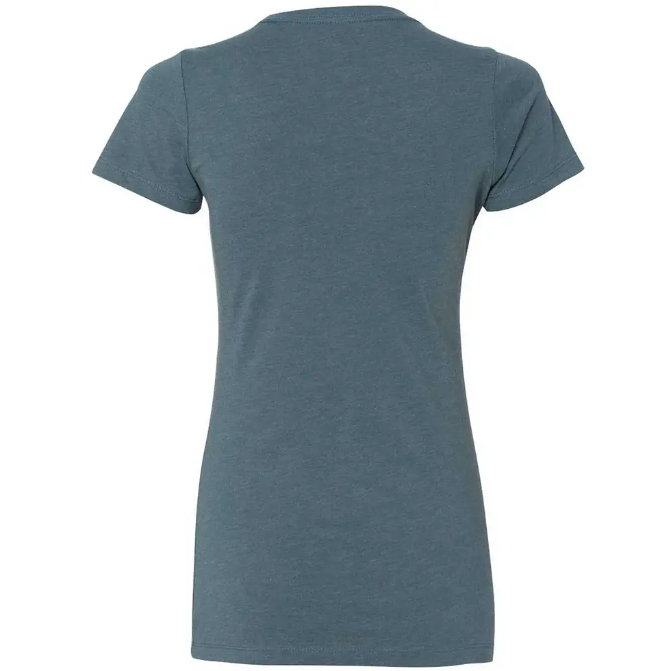 Back view of Trailborn Athletics women's fitted indigo T-shirt with short sleeves, a crew neckline, and a plain back with no