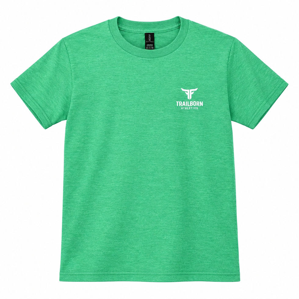 Front view of a heather Irish green youth T-shirt with a white Trailborn Athletics logo on the left chest.