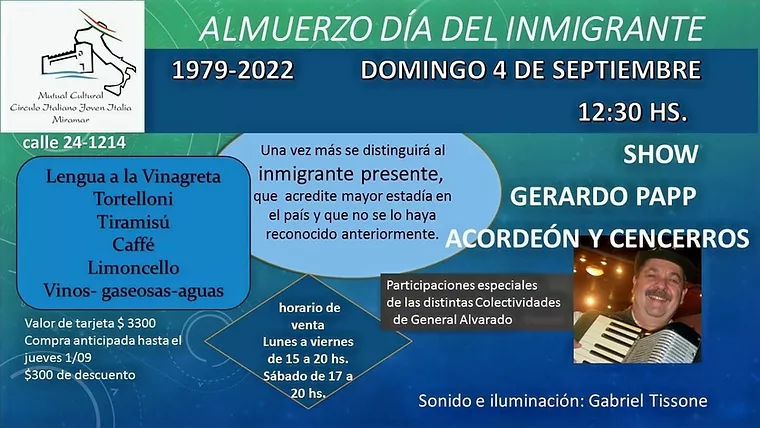 "Almuerzo del Migrante", cita el 4 de septiembre en Miramar con el club Joven Italia