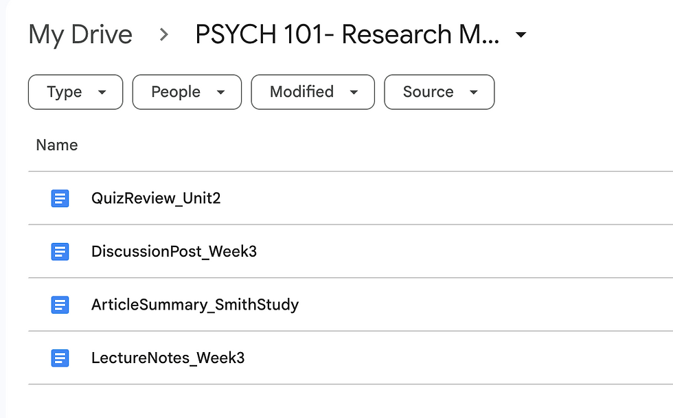 "Inside a PSYCH 101- Research Methods folder showing clearly named files such as LectureNotes_Week 3, ArticleSummary_SmithStudy, DiscussionPost_Week3, and QuizReview_Unit2