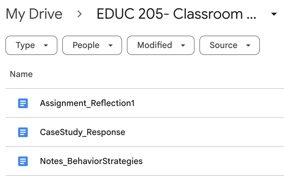 Inside an "EDUC 205 - Classroom Management Folder," showing clearly named files such as Assignment_Reflection1, CaseStudy_Response, and Notes_BehaviorStrategies.