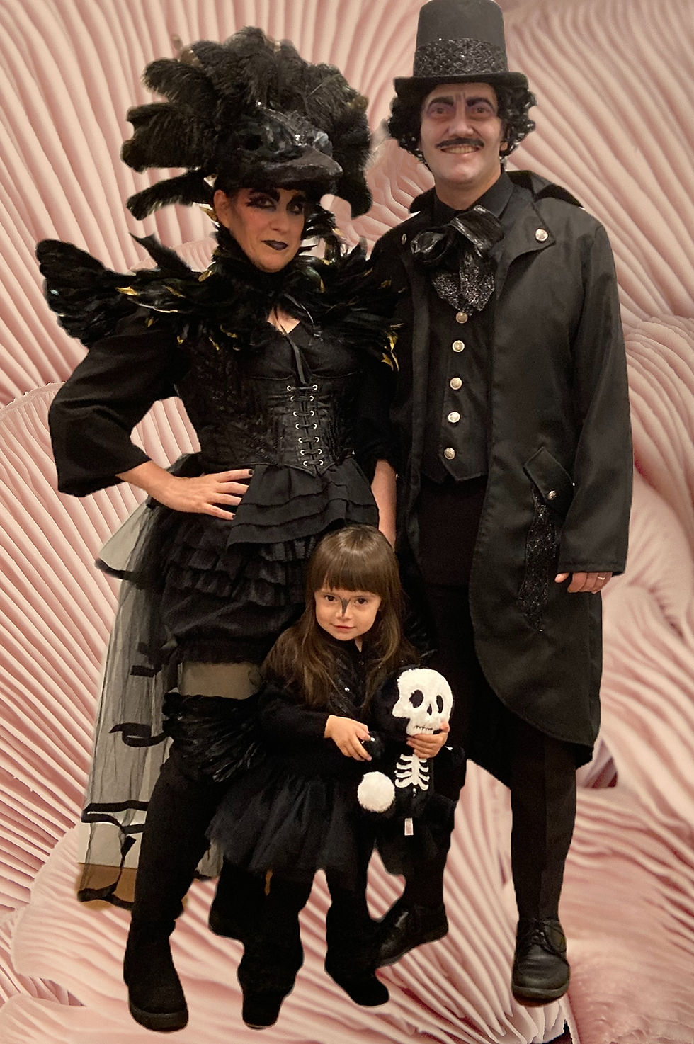My daughter Ari and I as ravens, with Edgar Allan Poe (my husband Joshua), at the NY Public Library's costume contest judged by fashion icon Tim Gunn. Oct 2025