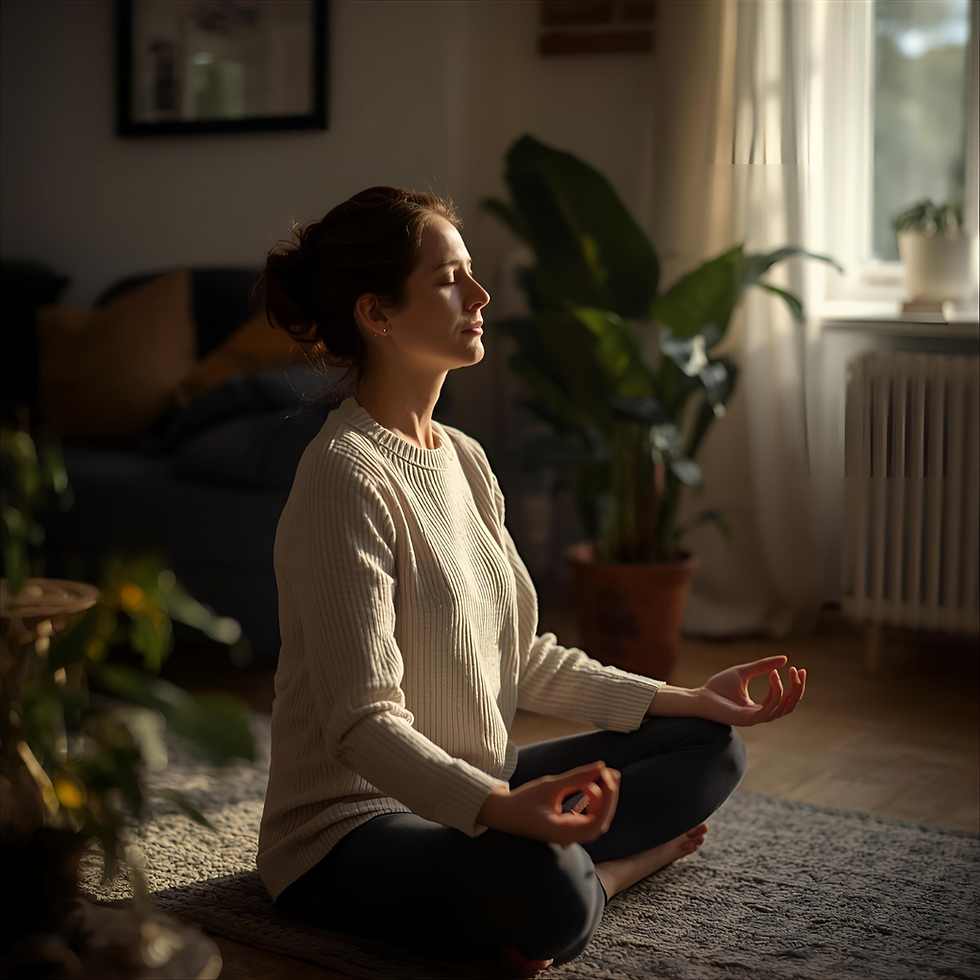 Woman in white sweater meditating on a rug in a sunlit room with plants, radiating calm and serenity.