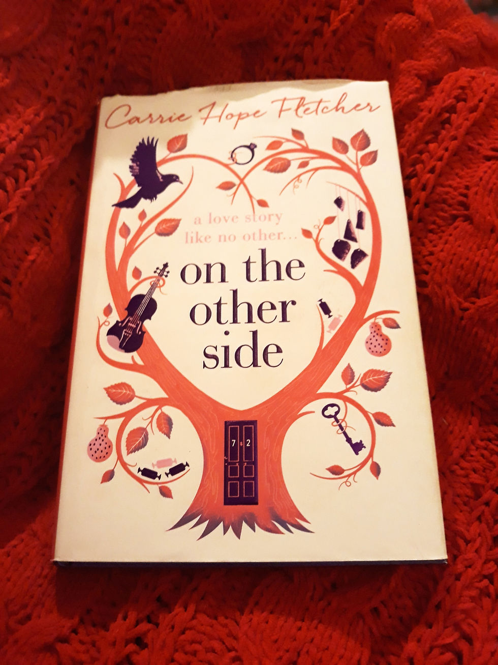 A hardback copy of On The Other Side on a red background.