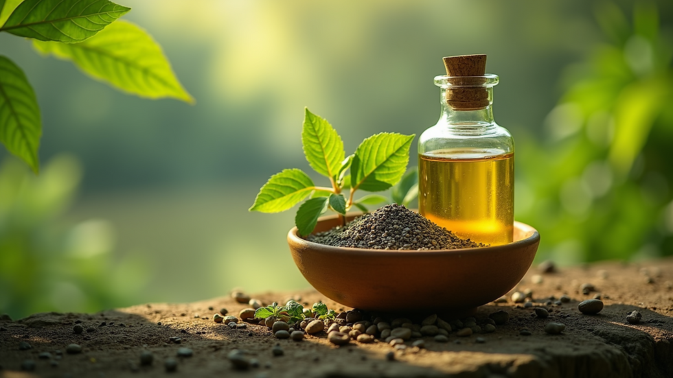 Eye-level view of a natural landscape with an emphasis on a wooden bowl containing plants and oils