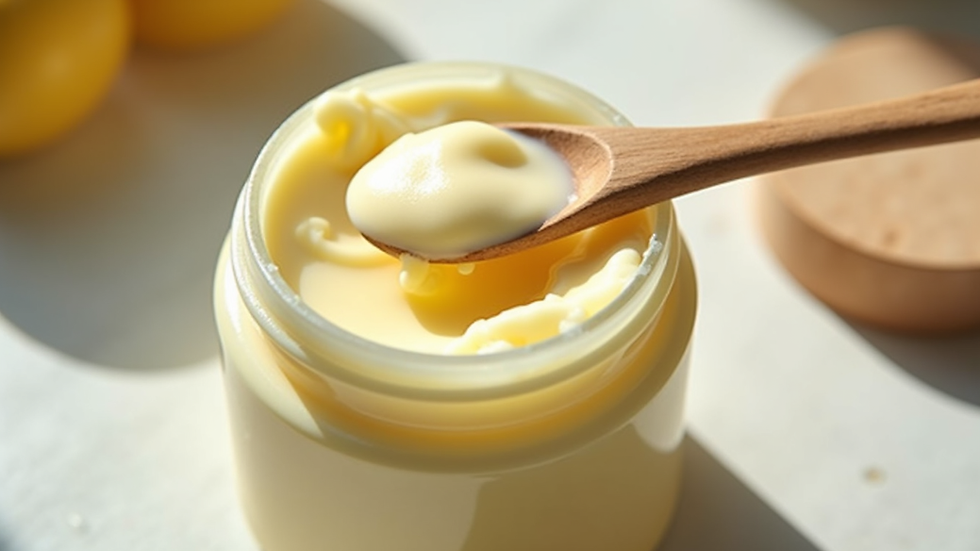 Close-up view of a jar of creamy body butter on a wooden surface