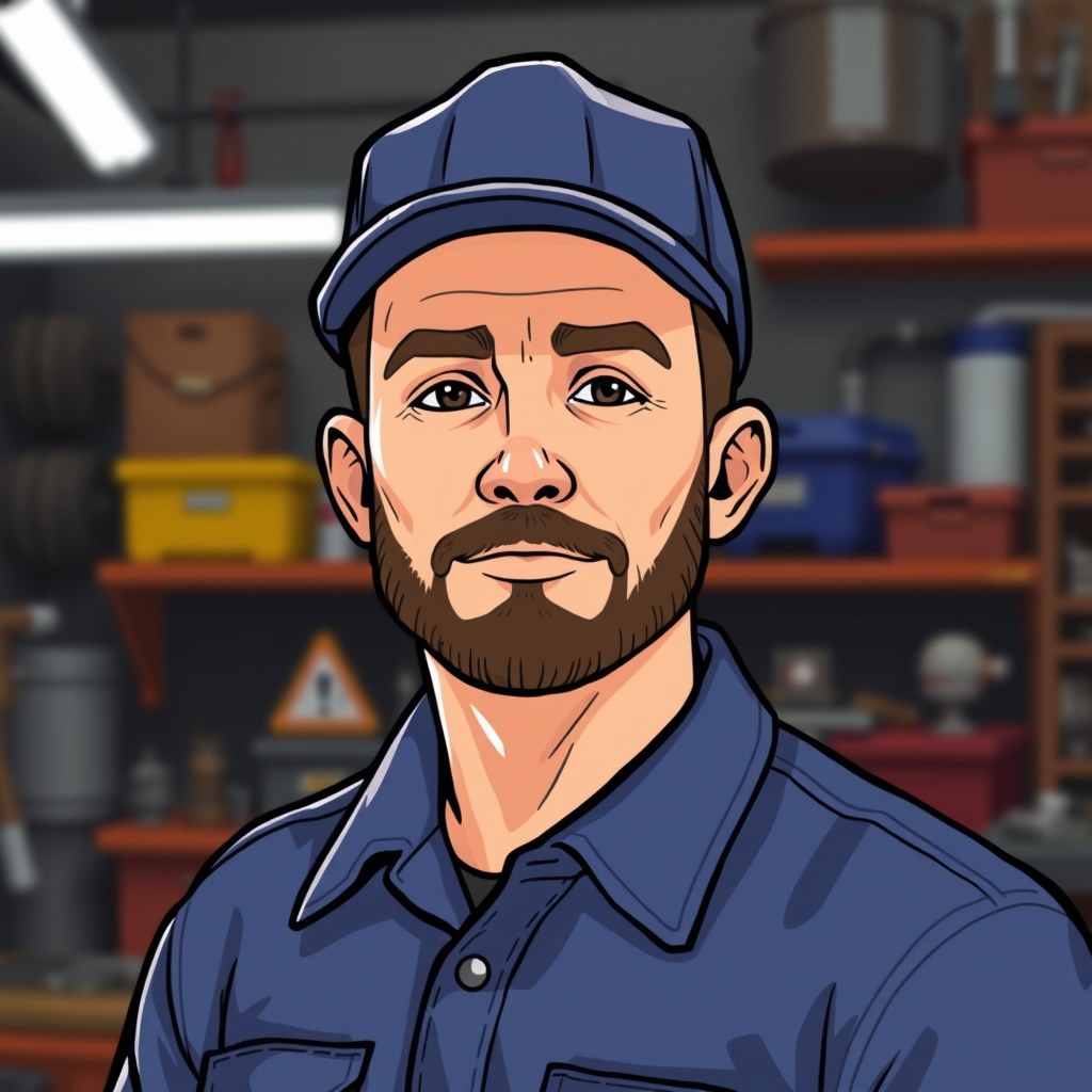 character of a mechanic headshot no beard of hat but the background is a shop and hes in a