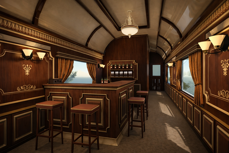 Luxury vintage train bar car interior 3D visualization showcasing wood finishes, bar seating, and heritage design.