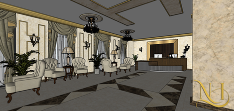 SketchUp view of hotel lobby interior design showing seating layout, chandelier lighting, decorative partitions, and receptio