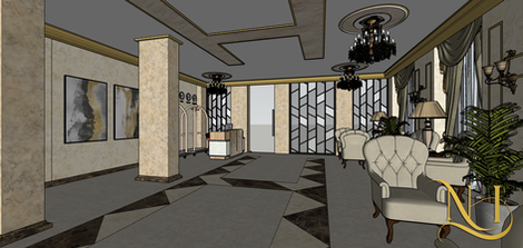 Hotel lobby interior design development view showing spatial planning, furniture layout, reception area, lighting, and materi