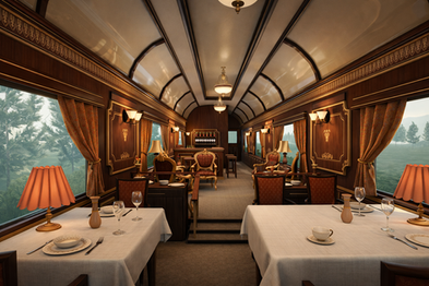Luxury vintage train dining car interior 3D visualization with classic decor, table settings, and warm lighting.