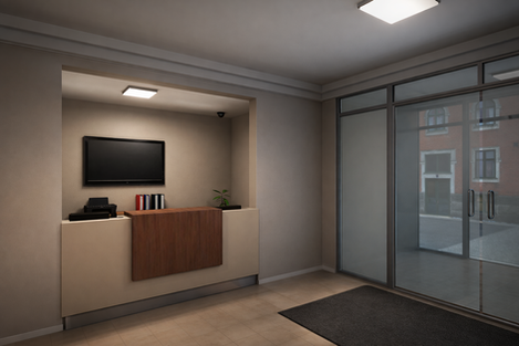 Main entrance reception area with built-in desk, wall-mounted screen, glazed entry doors, and neutral interior finishes.