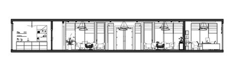 Longitudinal interior section of office showing seating areas, meeting rooms, circulation, and ceiling elements.