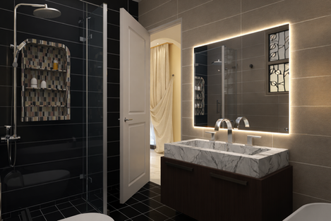 Bathroom vanity design featuring marble surfaces and integrated mirror lighting.