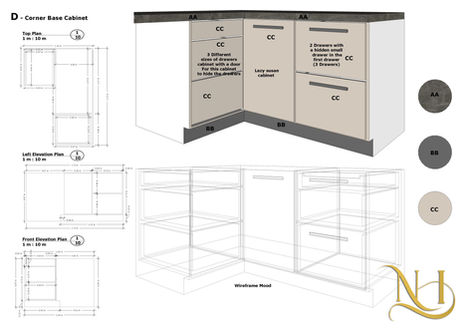 Corner base kitchen cabinet with lazy Susan shown through technical drawings and 3D visualization.