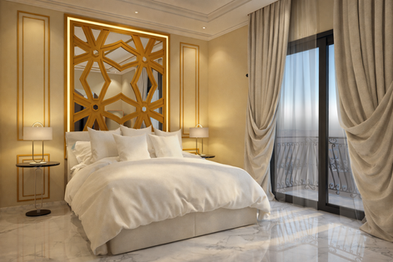 Luxury bedroom interior design featuring a custom geometric headboard, soft neutral palette, marble flooring, and warm ambient lighting with natural daylight.