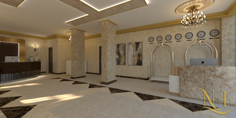 Wide view of hotel lobby interior showing reception area, marble floor design, ceiling lighting, and refined hospitality fini