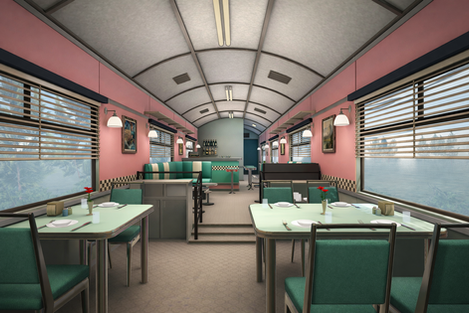 Classic train dining car interior 3D visualization featuring main seating area, window views, and heritage-inspired finishes.