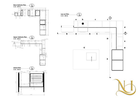 Kitchen layout and cabinetry plans showing base cabinets, upper cabinets, and island dimensions.