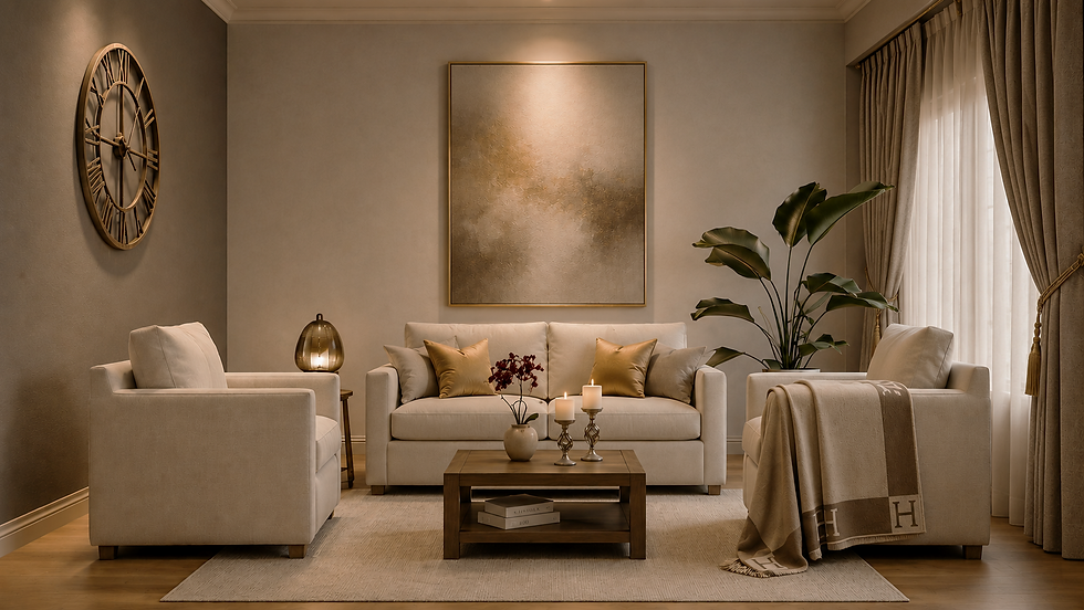 Refined neutral living room with upholstered armchairs, soft lighting, and natural textures.