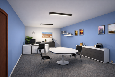 Modern office interior featuring a meeting table, workstations, wall-mounted storage, blue walls, neutral finishes, and soft ambient lighting.