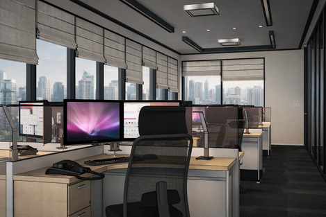 Modern open office workstations with ergonomic desks, screen dividers, natural daylight, and contemporary finishes.