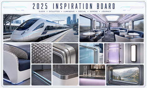 2025 future rail inspiration board featuring a high-speed train, sculpted lounge seating, metallic finishes, textured upholstery and integrated lighting.