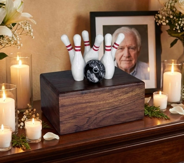 Thumbnail: Indian rosewood box cremation urn with bowling ball and pin memorial front view