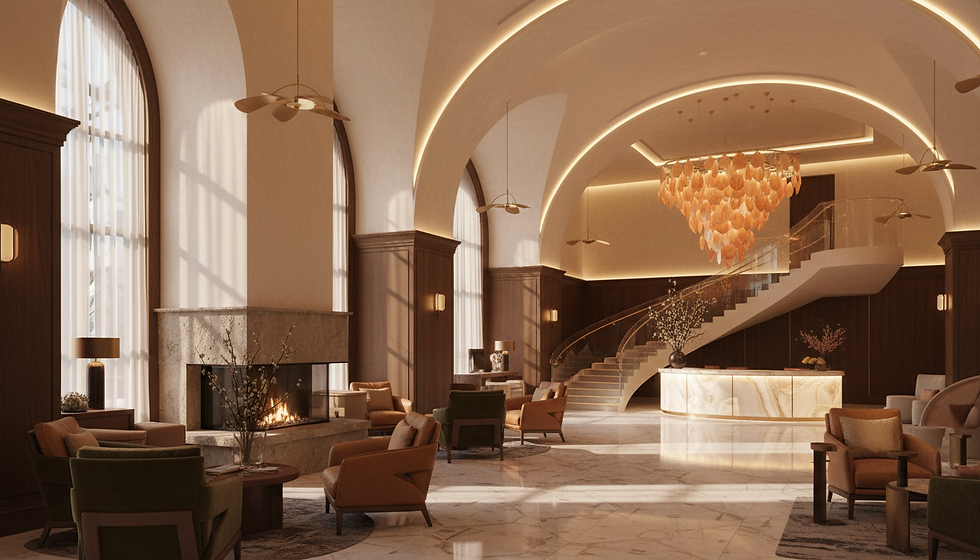 Elegante Hotel-Lobby mit warmem Licht, Kamin und hochwertigem Interior – Beispiel für konsistente Markenidentität und Erlebnisgestaltung in der Hospitality.