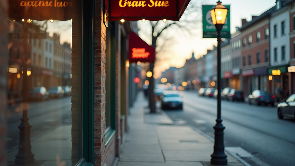 Close-up view of a local business storefront with clear signage