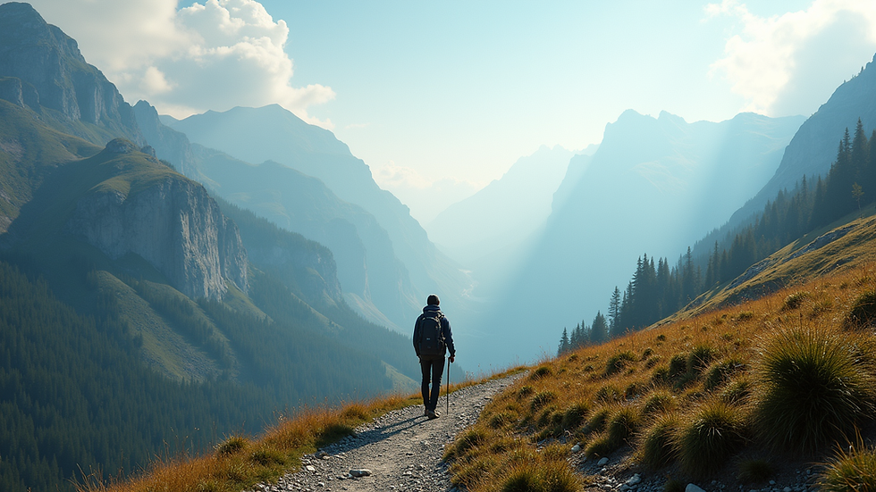wide angle view of mountain path with single hiker