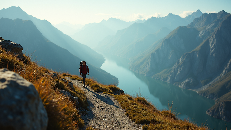 high angle view of a mountain trail with a single hiker