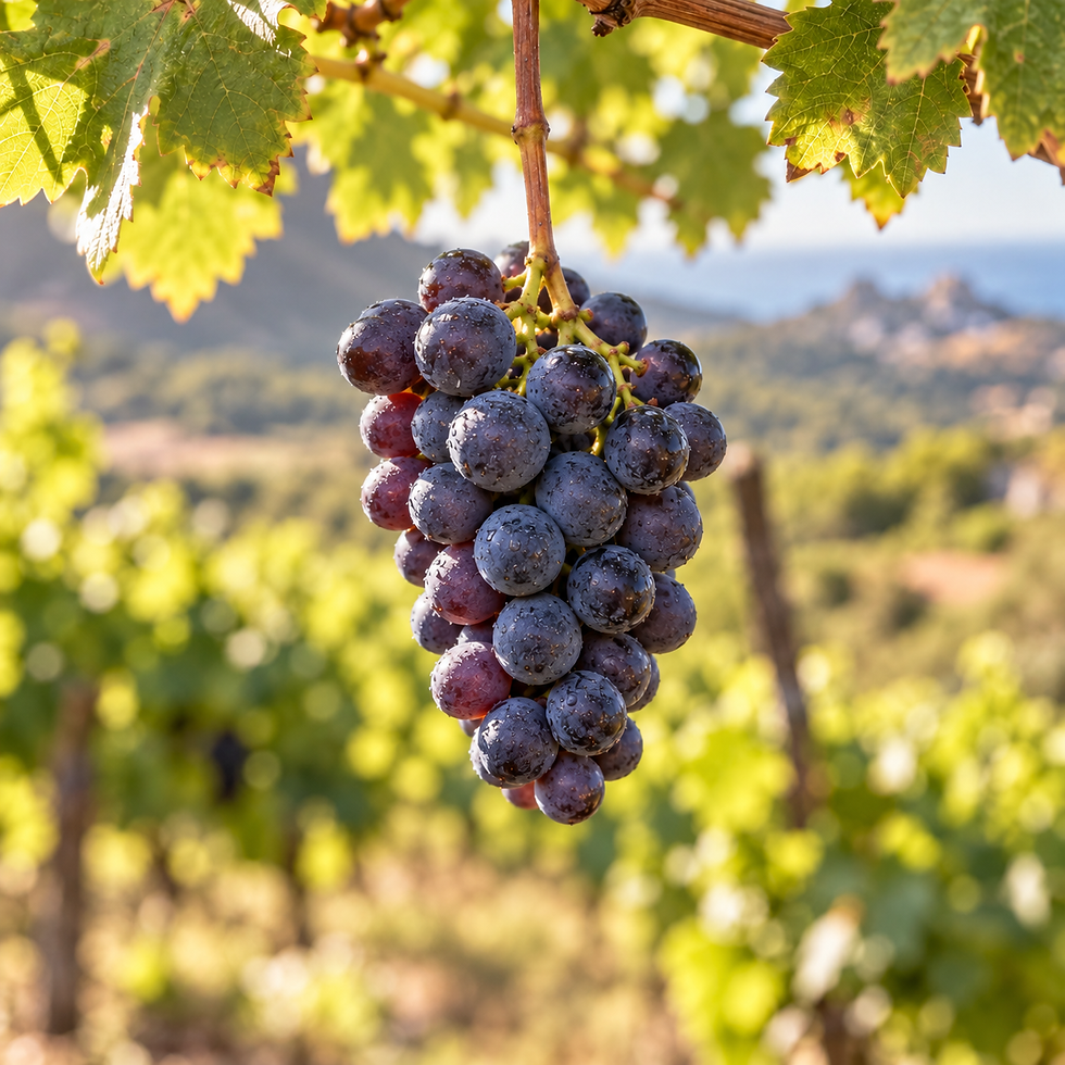 Compact Cagnulari bunch in vineyard light.png