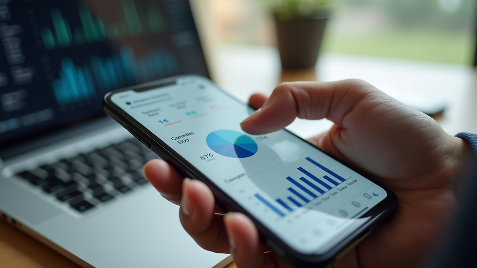 High angle view of a smartphone displaying business analytics dashboard