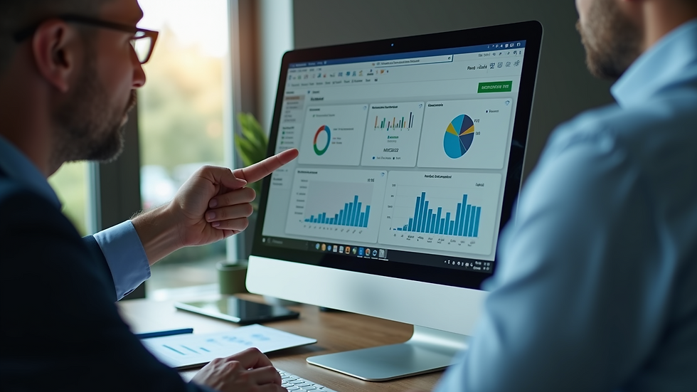 Close-up view of a consultant explaining ERP system features to a business owner