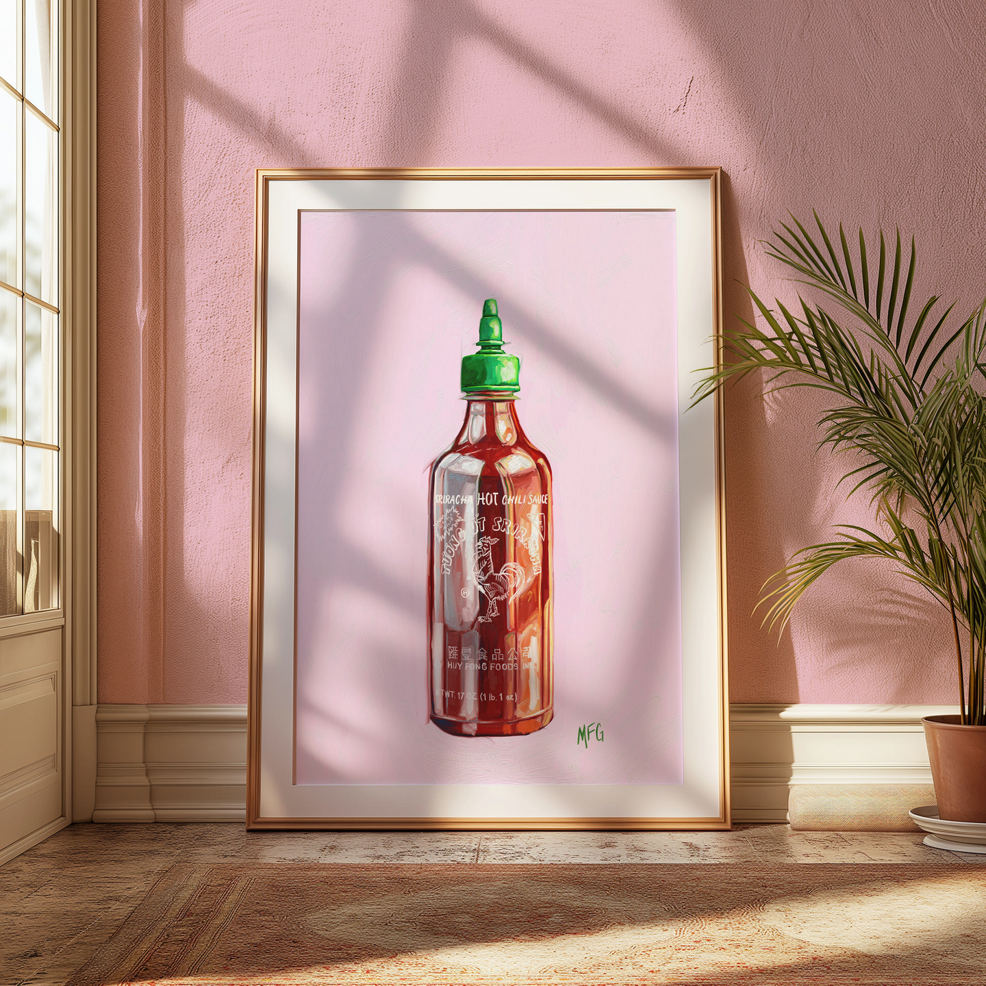 Bold digital oil painting of Sriracha hot sauce jar featuring painterly brush strokes in contemporary style for sale.