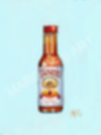 Bold digital oil painting of Tapatio hot sauce jar featuring painterly brush strokes in contemporary style for sale.