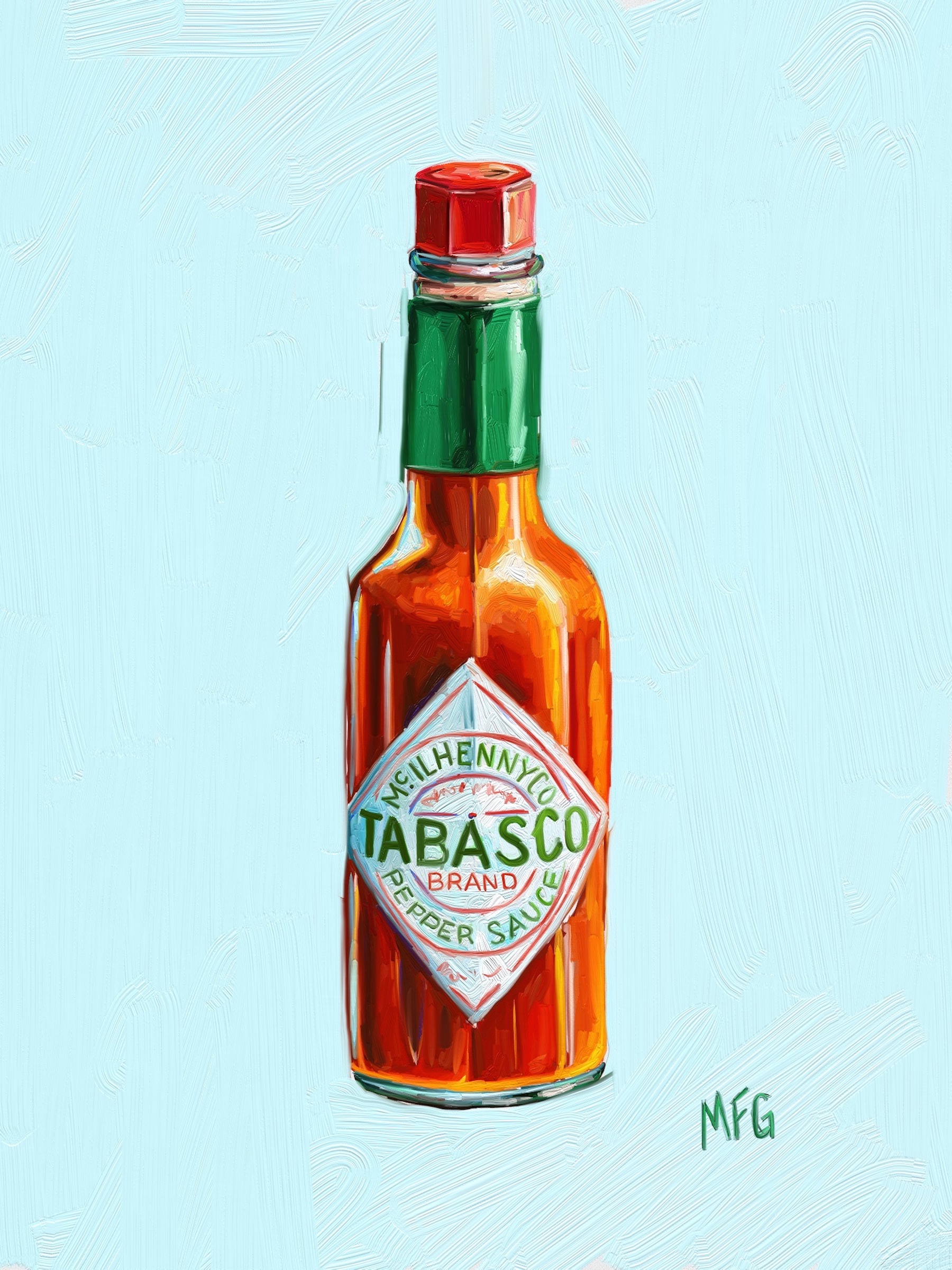 Bold digital oil painting of tabasco hot sauce jar featuring painterly brush strokes with cool shadows and warm highlights. Contemporary art print with retro-inspired feel. Available for sale, this unique statement piece blends playful imagery and both warm and cool color palettes.