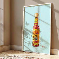 Bold digital oil painting of Cholula hot sauce jar featuring painterly brush strokes in contemporary style for sale.