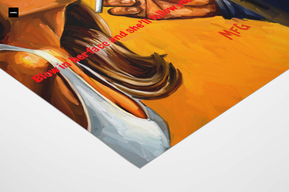 Bold digital oil painting of vintage cigarette ad featuring a man blowing smoke towards a woman's face with warm tones, sale