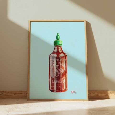 Bold digital oil painting of Sriracha hot sauce jar featuring painterly brush strokes in contemporary style for sale.