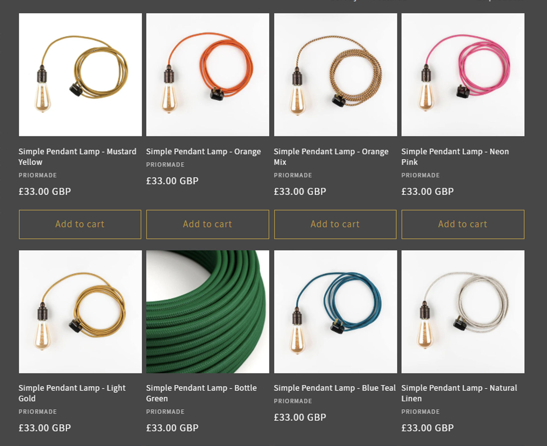 Selection of electrical cables for lamps / pendants