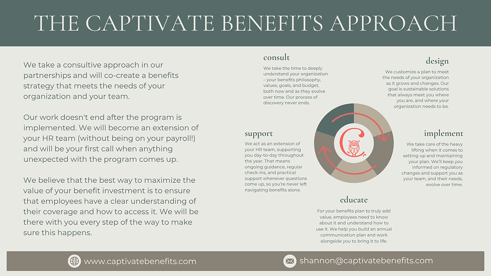 Infographic titled THE CAPTIVATE BENEFITS APPROACH with consult, support, design, implement, educate around a circular owl icon.