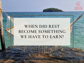 Hammock by calm sea and island, with text: WHEN DID REST BECOME SOMETHING WE HAVE TO EARN?