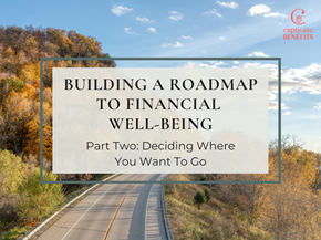 Text reads Building a Roadmap to Financial Well-Being against a scenic road with fall foliage. Logo at top right corner.