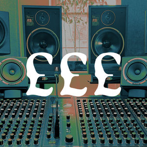 Professional music mixing console with studio monitors and an overlay of pound sterling symbols (£), representing mixing and mastering costs in the UK.